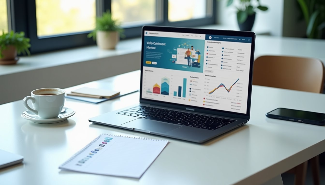 Mesa de trabalho organizada com laptop, checklist impresso, smartphone e itens de escritório, representando planejamento para lançamento de site profissional