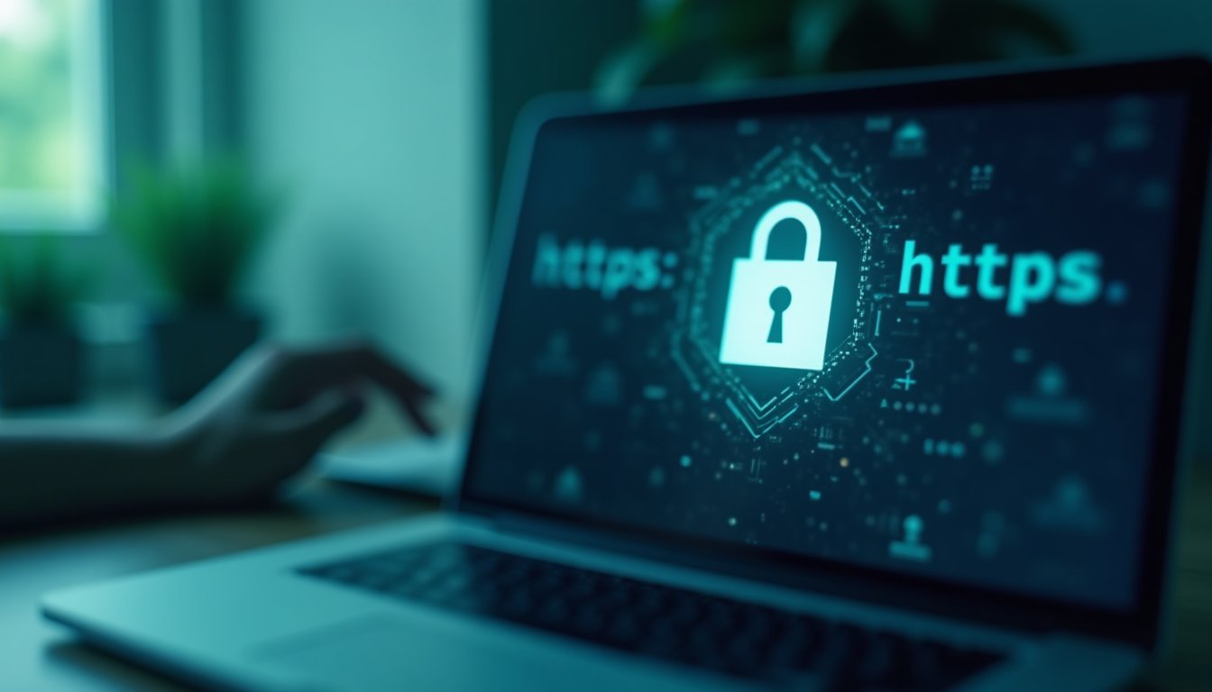 Tela de navegador mostrando conexão HTTPS segura com ícone de cadeado, representando segurança em site profissional