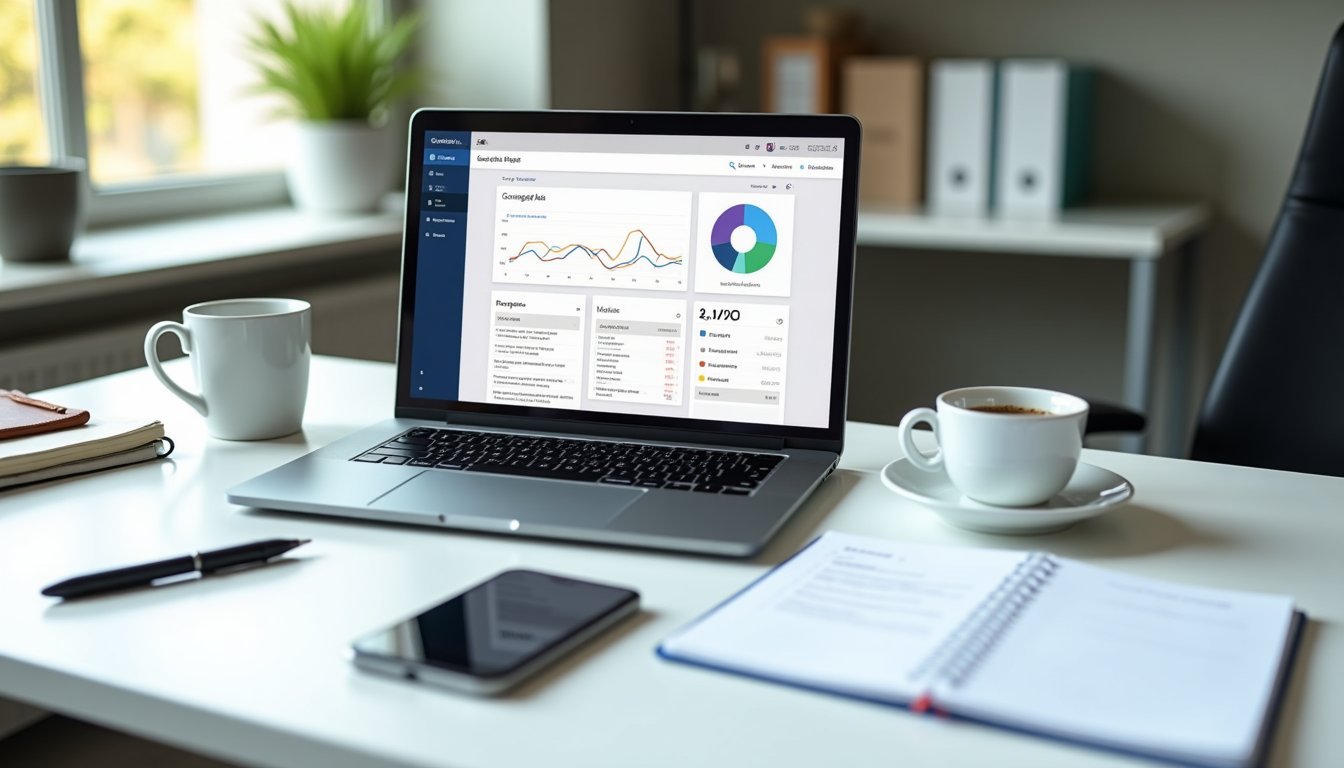 Mesa de trabalho profissional com notebook exibindo painel do Google Ads, bloco de notas com checklist e caneta, representando avaliação para contratação de gestão de anúncios