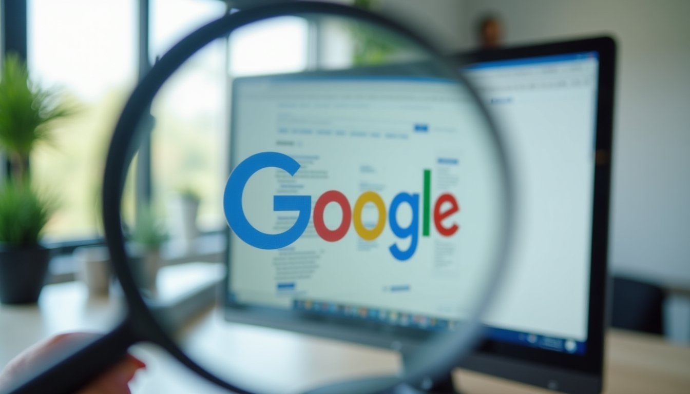 Tela de computador exibindo página de resultados de busca do Google com lupa sobre os links, representando o processo de indexação de sites