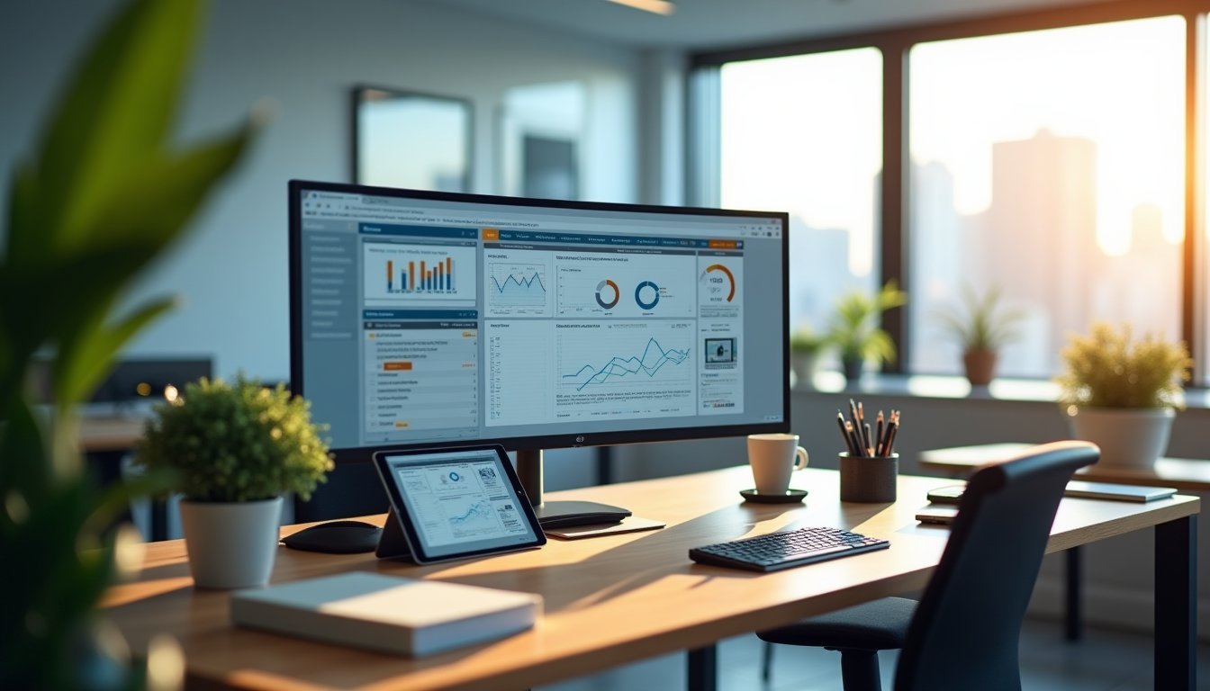 Escritório moderno com monitor exibindo dashboard de distribuição multicanal de vídeos e métricas de desempenho em marketing digital