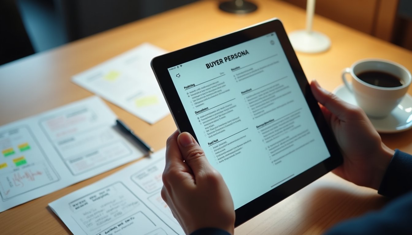 Pessoa segurando tablet com documento de persona detalhada cercado de anotações e planilhas sobre mesa de trabalho