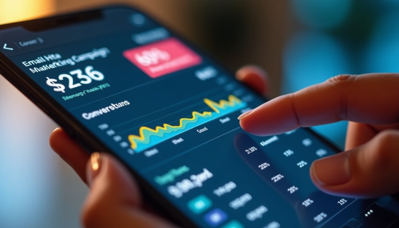 Tela de smartphone mostrando métricas de campanha de e-mail marketing com taxas de abertura e conversão