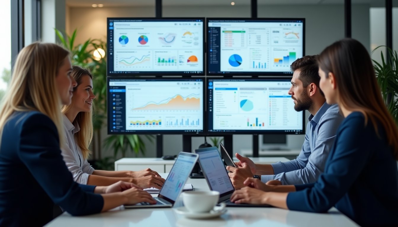 Equipe analisando relatórios de desempenho de SEO e Google Ads em conjunto, representando estratégia integrada de marketing digital