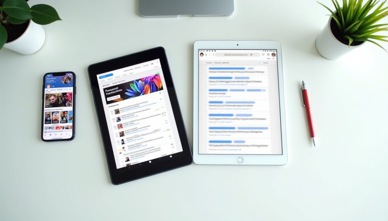 Workspace dividido mostrando smartphone com interface de redes sociais de um lado e tablet com resultados de pesquisa do Google Ads do outro, representando a escolha entre as duas estratégias de marketing digital