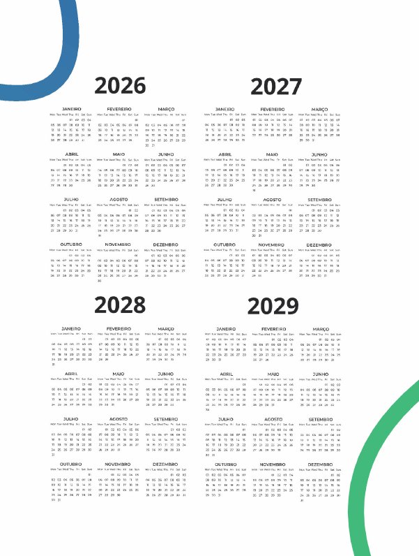 Caderno Atlantic Star, Calendário 2026 a 2029