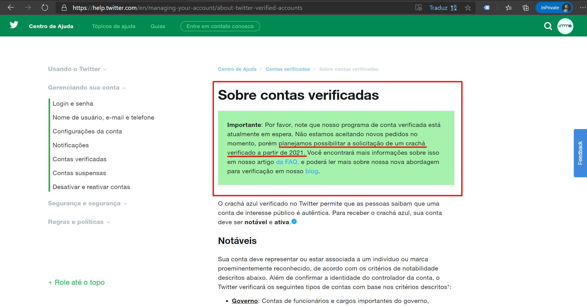Conta verificada no Twitter