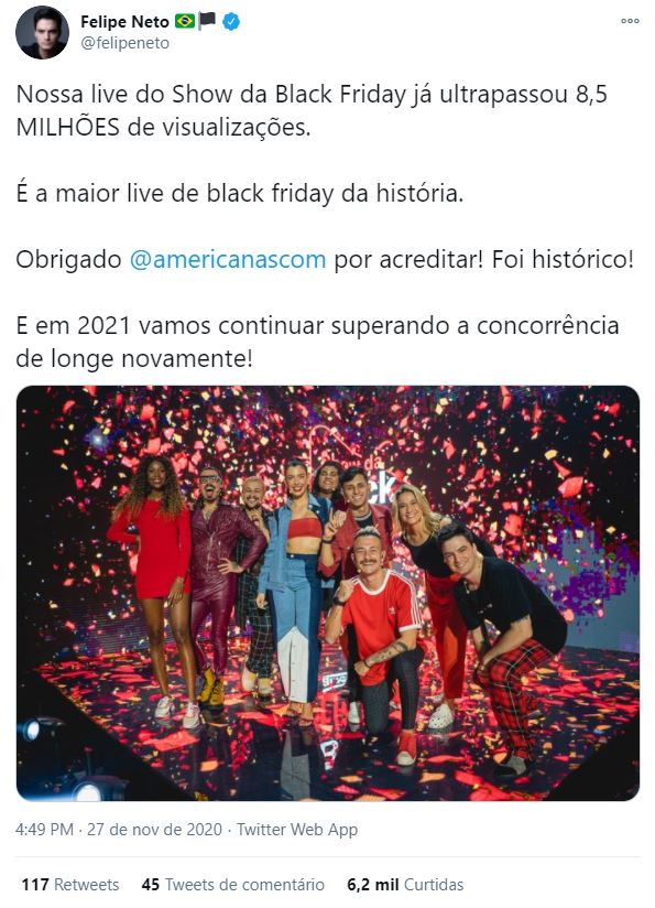 Tweet do Felipe Neto na campanha de Black Friday da Americanas Tweet do Felipe Neto na campanha de Black Friday da Americanas