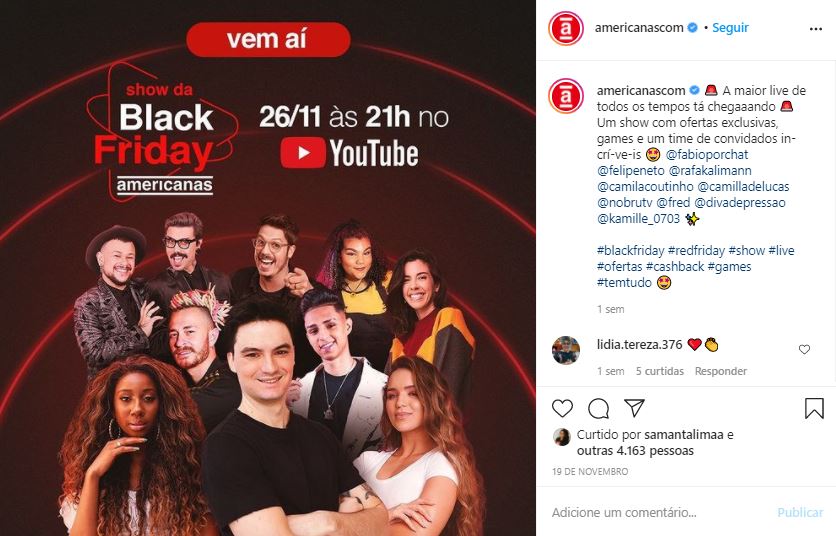 Campanha Patrocinada no Instagram da Americanas. Fonte: Instagram/@americanascom