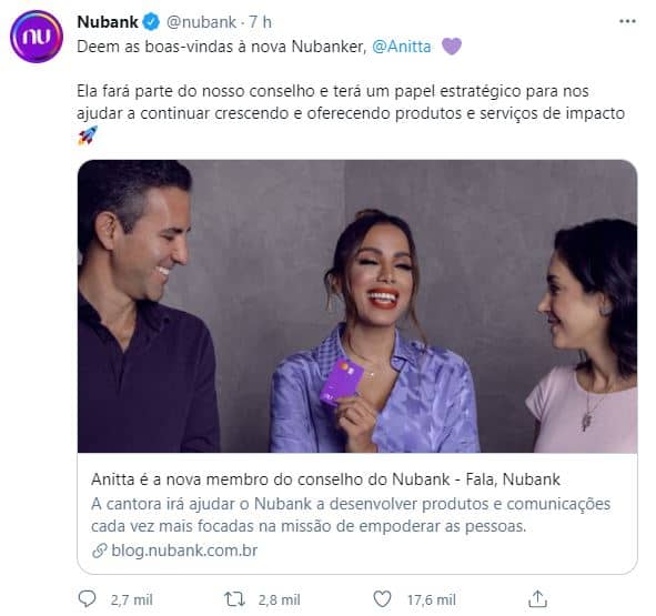 Anúncio do Nubank via Twitter