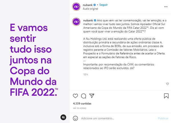 Nubank se torna patrocinador da Copa do Mundo de 2022 Fonte: Divulgação (Instagram/@nubank)