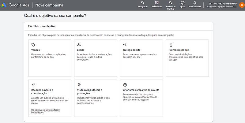Selecione os objetivos da campanha no Google 